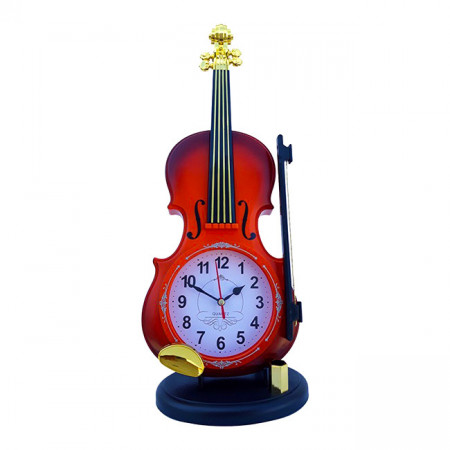 Decoratiune ceas de masa vintage in forma de vioara cu stativ, Maro, 40cm