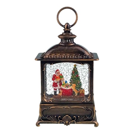 Decoratiune de Craciun tip lampa cu Mos Craciun si cadouri langa brad, cu baterii si cablu de incarcare, Argintiu