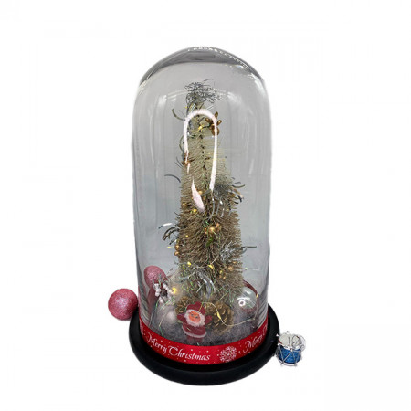 Decoratiune luminoasa, Brad artificial in cupola de sticla cu LED Ø 18 cm x 32 h, silver gold