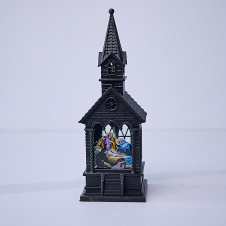 Decoratiune luminoasa in forma de capela cu ilustratie religioasa, Negru, cu LED, 17cm
