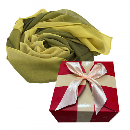 Esarfa satinata de dama, in cutie cadou, Verde olive-galben, 163x50 cm 