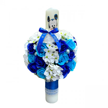 Lumanare de botez cu Mickey Mouse, hortensi, trandafiri din sapun si perle, baiat
