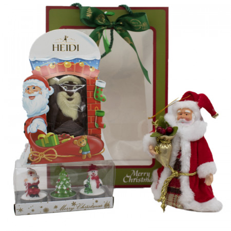 Pachet cadou Merry Christmas, Figurina Mos Craciun, set trei lumanari decorative si Heidi ciocolata Mos Craciun
