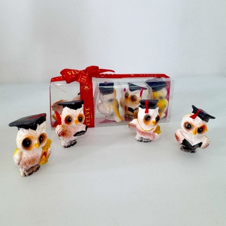 Set 4 Figurine Decorative in forma de bufnite cu toca de absolvire, 16x4x6cm