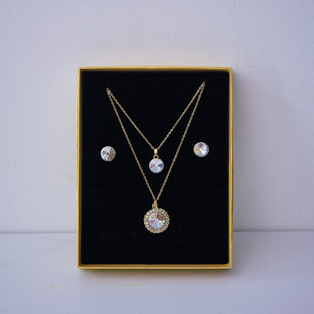 Set accesorii Danser a Deux, din inox, cu cercei, sirag cu doua lanturi si pandativ cu pietre, in cutie eleganta, Flower Gold
