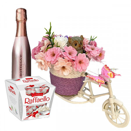 Set, aranjament floral in cosulet pe suport de bicicleta, Bottega si Praline Raffaello, roz