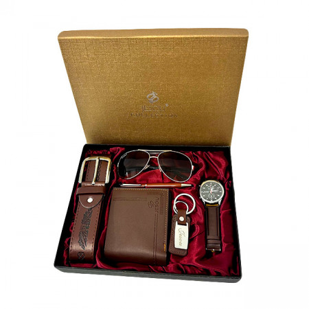 Set cadou pentru barbati JESOU COLLECTION, cutie cu portofel, ceas, curea, ochelari de soare, breloc si pix, 27.5x22 cm, Maro