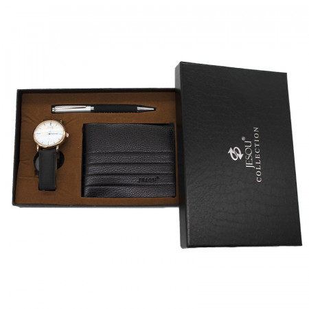 Set cadou pentru barbati JESOU COLLECTION, cutie cu portofel, ceas si pix 23x15 cm, Negru