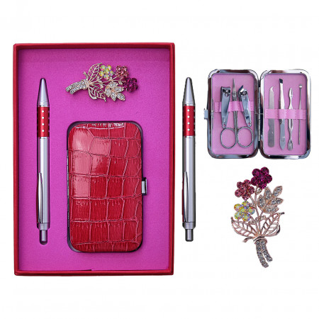 Set cadou Personal Care, cu pix, brosa si trusa pentru ingrijire personala, Rosu