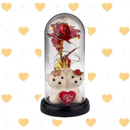 Trandafir artizanal cu LED, in cupola din sticla, cu design tematic &quot;I love You&quot; si ursuleti catifelati, Rosu, 11X21 3