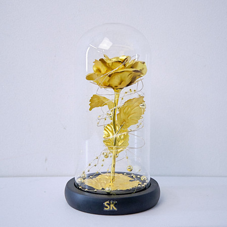 Trandafir artizanal in cupola, cu petale pe blat negru, LED, Gold