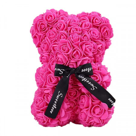 Ursulet floral din Trandafiri 25 cm, decorat manual, cutie cadou, roz aprins
