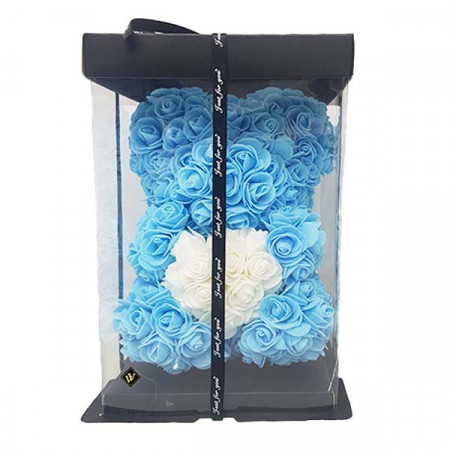 Ursulet floral din trandafiri de sapun Teddy Bear in Love, 25 cm, in cutie cadou, blue