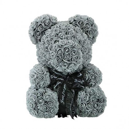 Ursulet floral gri din Trandafiri 40 cm, decorat manual, cutie cadou