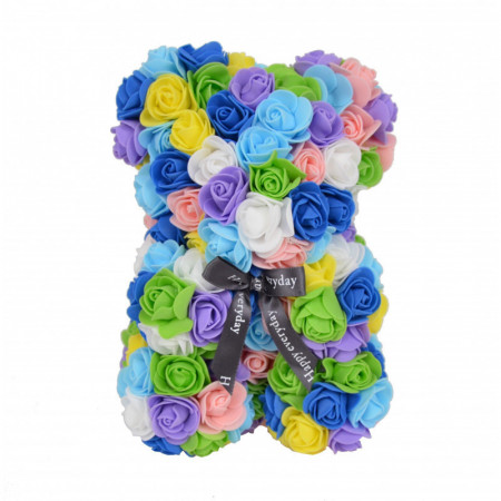 Ursulet floral multicolor din Trandafiri 25 cm, decorat manual, cutie cadou, albastru-galben-alb