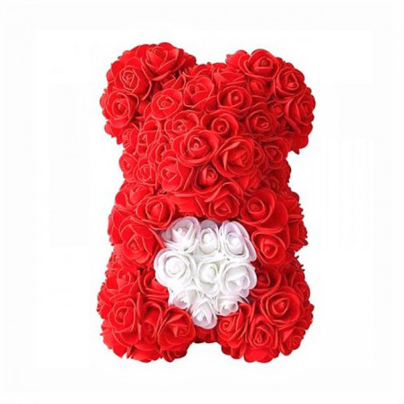 Ursulet floral rosu cu inima alba din Trandafiri 25 cm, decorat manual, cutie cadou