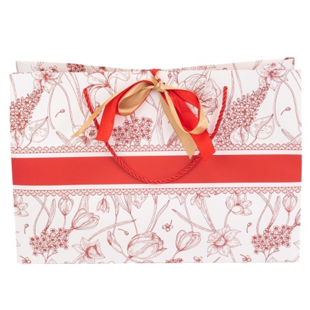 Ambalaj pentru cadouri tip punga, cu model floral, snur si panglica satinata, Rosu, 36 x 12 x 24 cm