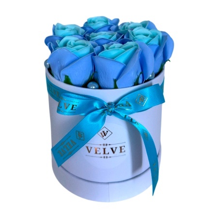 Aranjament floral Glamour Double Color, cutie rotunda cu 7 trandafiri sapun in doua culori, Blue