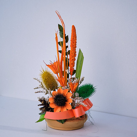 Aranjament floral in ghiveci, din flori uscate, portocaliu, 27cm