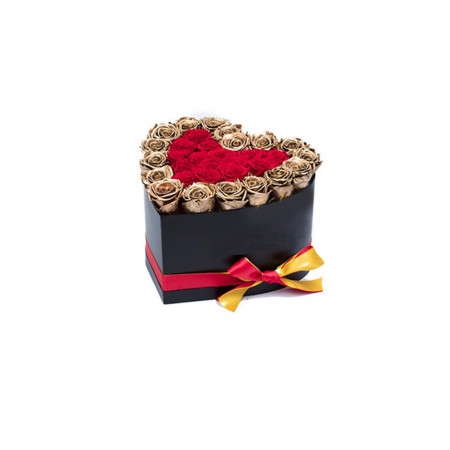 Aranjament floral inima cu trandafiri de sapun Gold Lux, rosu cu margini aurii