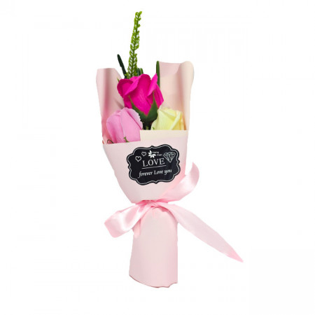Buchet Forever Love cu 3 trandafiri de sapun in cutie cadou, Roz 25.5X10 cm