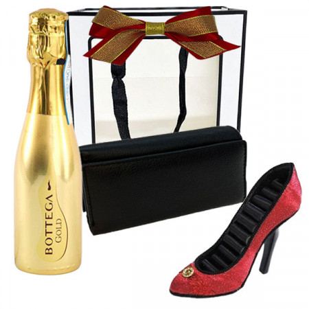 Pachet Diamoond, portofel de dama din piele naturala, suport pentru bijuterii in forma de pantof si o sticla de vin spumant, Bottega Gold de 0.2L