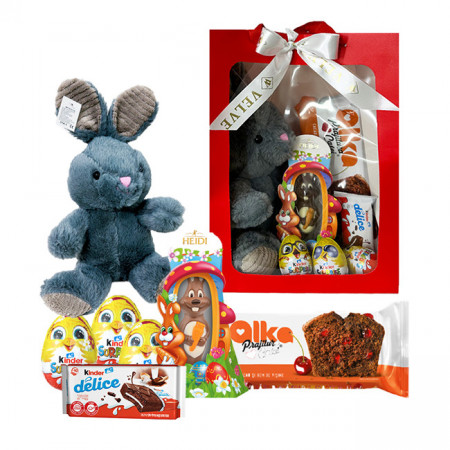 Pachet GiftDay , Iepuras de plus gri 31cm, Prajitura Casei Alka 350g, Iepuras de ciocolata Heidi 45g, Kinder delice si trei oua Kinder Surprise in punga cadou