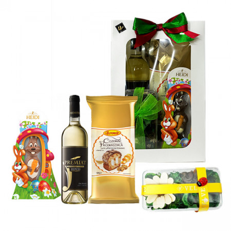 Pachet GiftDay , Vin Jidvei Premiat sec 750ml, Cozonac Pricomigdala Boromir 500g, Iepuras de ciocolata Heidi 45g si Flori uscate/parfumate in punga cadou