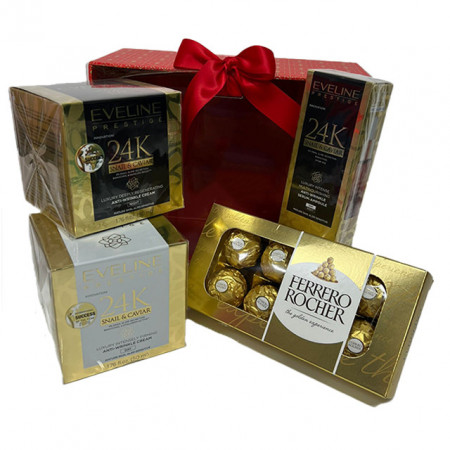 Pachet Goldishold pentru femei, cu crema de Zi, crema de Noapte, Ser 24K atin-wrinkle si praline Ferrero