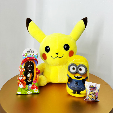 Pachet The Joy pentru copii cu jucarie de plus Pikachu, Sampon/Gel de dus 2in1 Minions si iepuras de ciocolata cu lapte Heidi