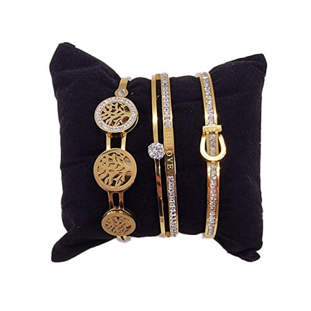 Set Marssilia, trei bratari inox, aurii, ajustabile, cu cristale de zirconiu