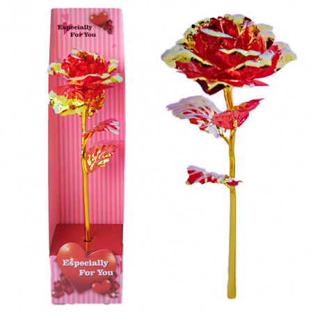 Trandafir artizanal cu tulpina aurie, in cutie, Rosu, 28cm
