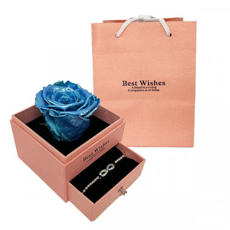 Trandafir criogenat in cutiuta somon, cu sertar si bratara, albastru metalizat