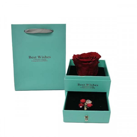Trandafir criogenat in cutiuta turcoaz, cu sertar si brosa, bordo