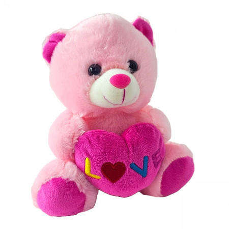 Ursulet de plus BUBU, cu inimioara, imprimeu , inaltime 20 cm, Roz/Fucsia
