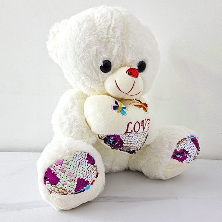 Ursulet de plus Muffin with Butterfly, cu mesaje de iubire, paiete si inimioara imprimata cu fluturi, inaltime 30 cm, Alb