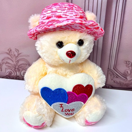 Ursulet de plus Pudding, cu palarie satinata si inimioara imprimata "I Love You", inaltime 33 cm, Alb