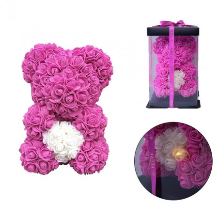 Ursulet floral 25cm, cu LED-uri luminoase, din trandafiri spuma fucsia cu inima rosie, in cutie cadou