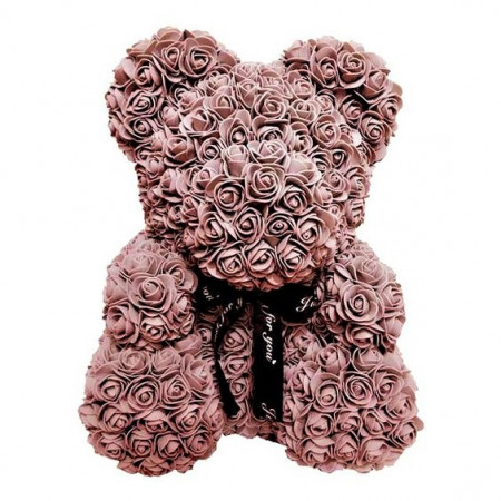 Ursulet floral maro din Trandafiri 40 cm, decorat manual, cutie cadou