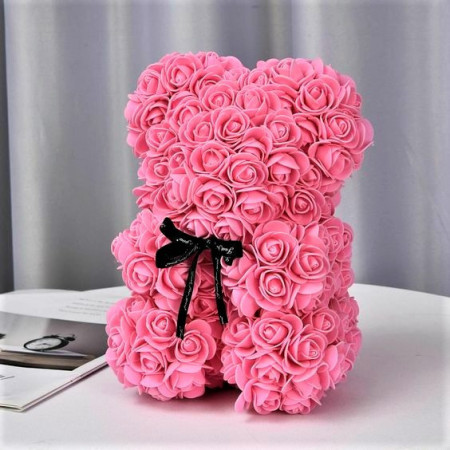 Ursulet floral roz din Trandafiri 25 cm, decorat manual, cutie cadou