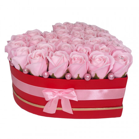 Aranjament floral Cherry, cutie inima cu 31 trandafiri de sapun, Roz