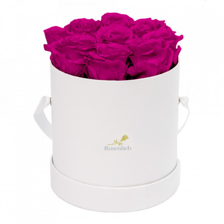 Aranjament floral cu 9 trandafiri de sapun, in cutie alba rotunda, fucsia