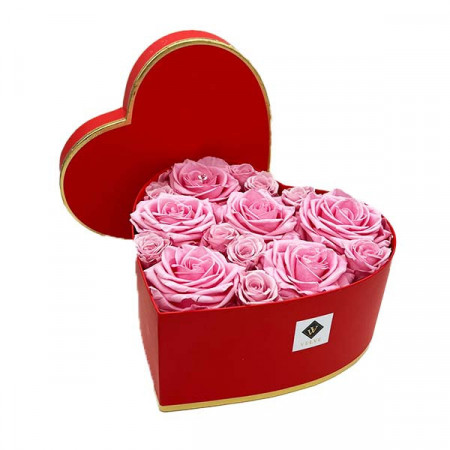 Aranjament floral Glame in forma de inima, cu 15 trandafiri criogenati, roz