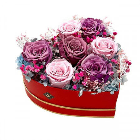 Aranjament floral Glame in forma de inima, cu sapte trandafiri criogenati, roz/lila