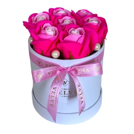 Aranjament floral Glamour Double Color, cutie rotunda cu 7 trandafiri sapun in doua culori, Fucsia-roz pal