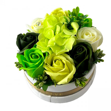 Aranjament floral Olla in cutie rotunda alba, cu trandafiri si hortensii de sapun, stamine si cristale artizanale, Verde