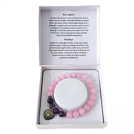 Brățară Amethyst Rose Quartz, din pietre semiprețioase si charm inima, in cutie cadou