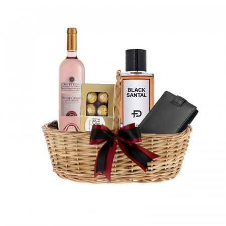 Cos Cadou Barbati, Apa de Parfum Wadi al Khaleej Black Santal, Bomboane Ferrero Rocher, Vin Bottega Pinot Grigio rose doc si Portofel din piele naturala