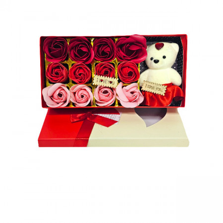 Cutie dreptunghiulara cu trandafiri de sapun si ursulet, 22x12cm, Rosu1