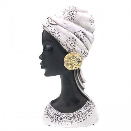 Decoratiune din rasina Moyoko Africa, bust feminin cu esarfa si cercei supradimensionati, 24x12cm, Argintiu
